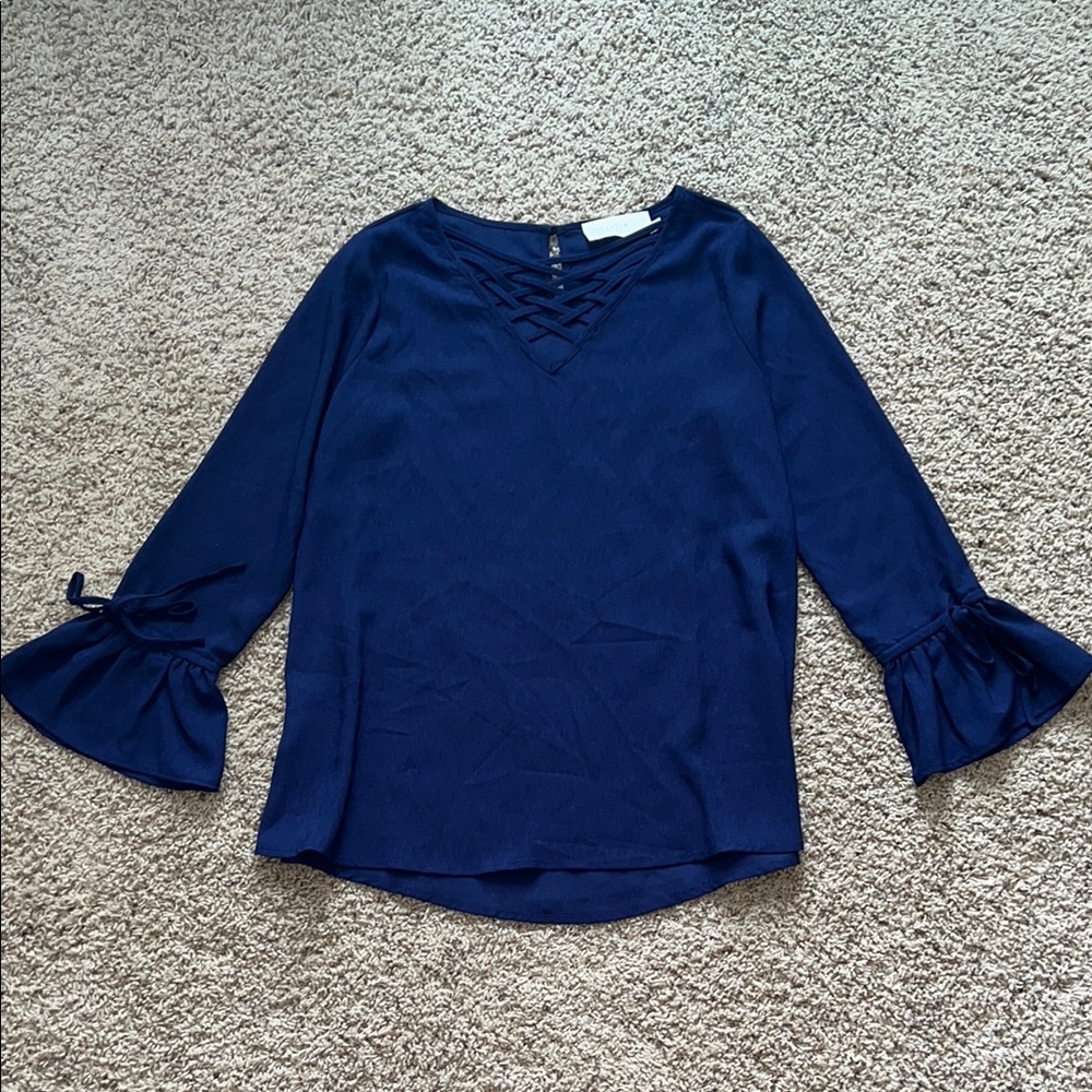 Blue Ruffled Blouse with Tie Front